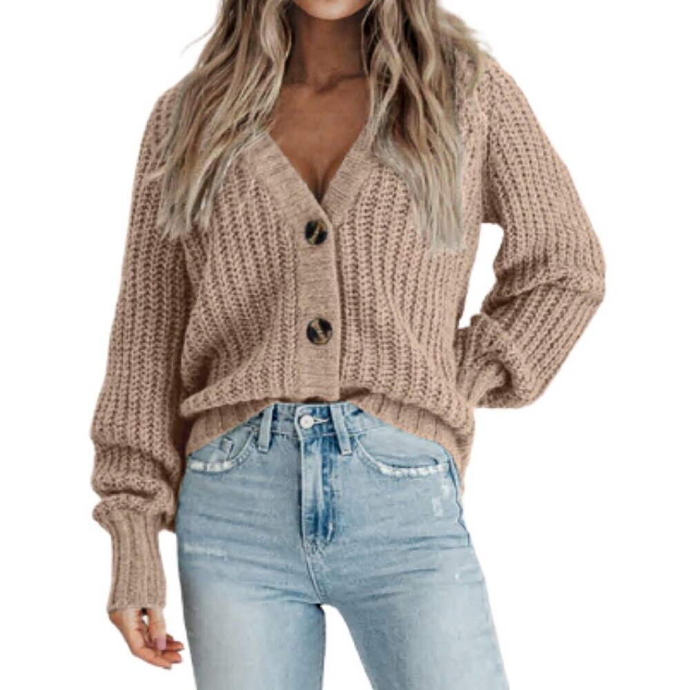 Chunky Knit Cardigan Open Front V-Neck Long Sleeve Loose Fit Sweater